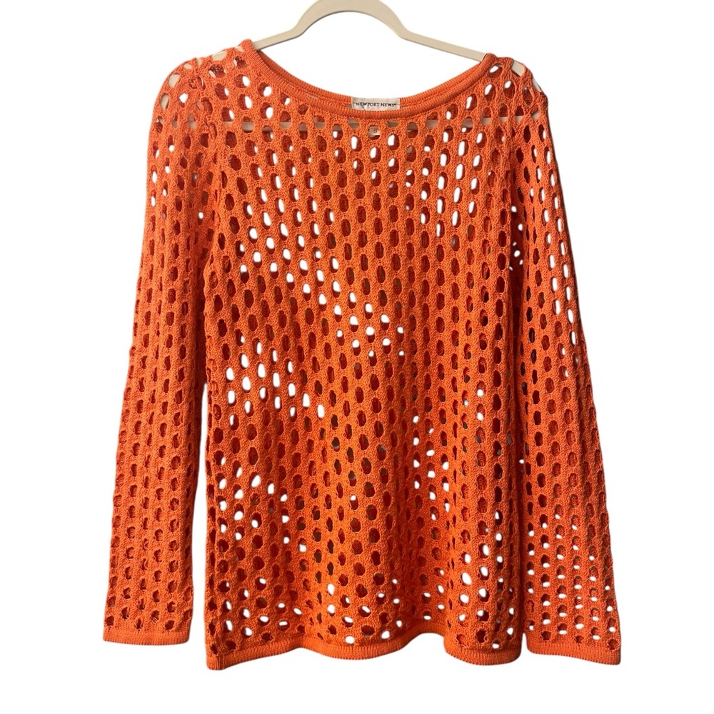 Newport News Orange Open Knit Crochet Beach Cover Up Sweater Top S